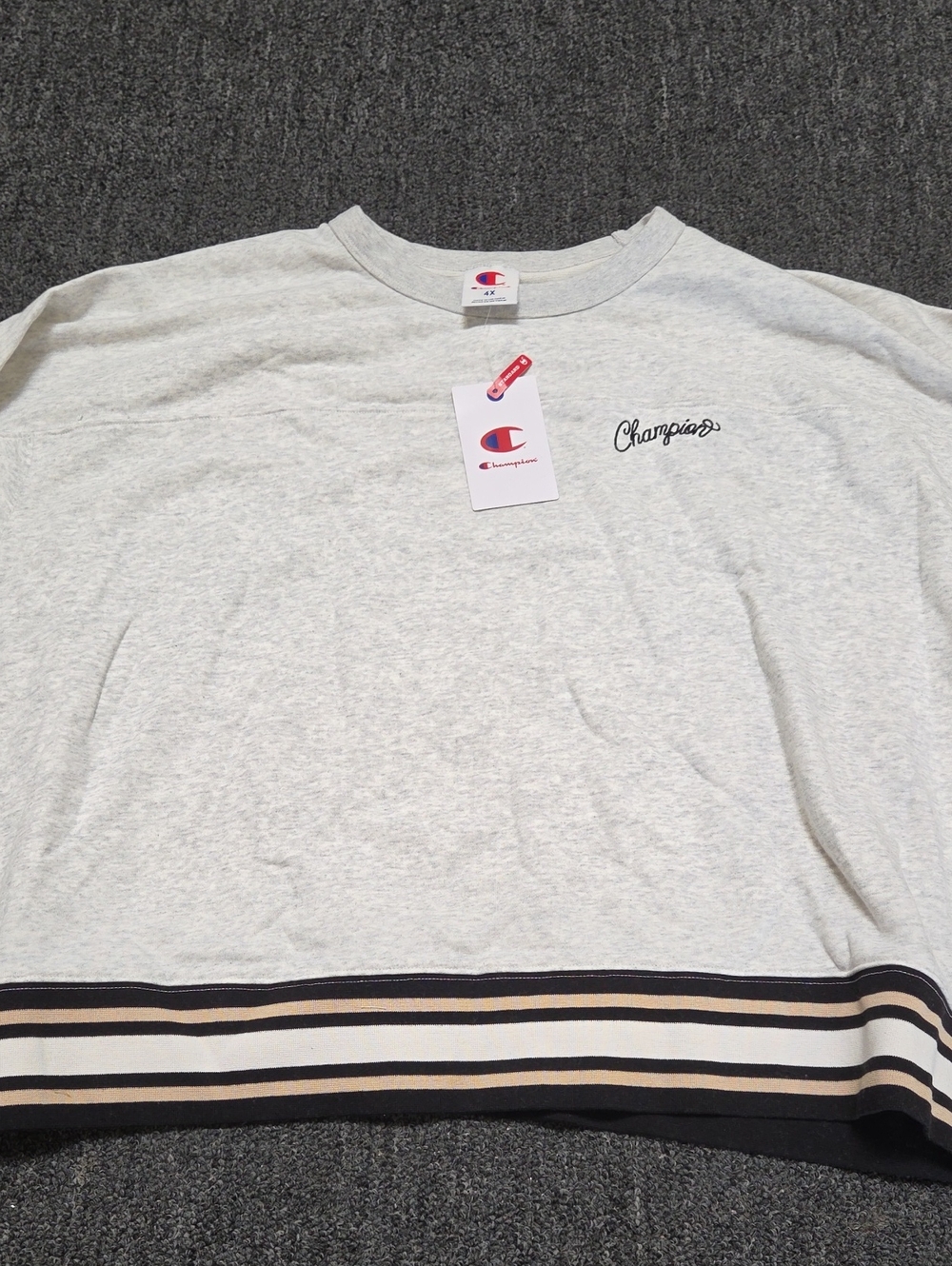 (#2C) Champion Light Heather Gray Sweatshirt with Black and Tan Striped Hem